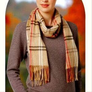 NWOT Made In Italy Cejon Classic Tartan Plaid Woven Scarf Camel Red 11x66 Fringe